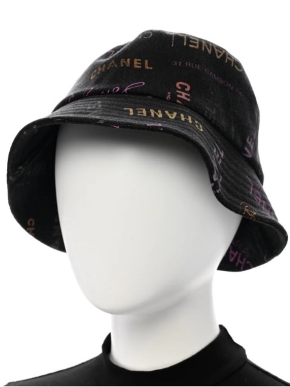 ChaneI Denim Crusher All Over Logo Spell- Out Graffiti Bucket Hat Black Multi